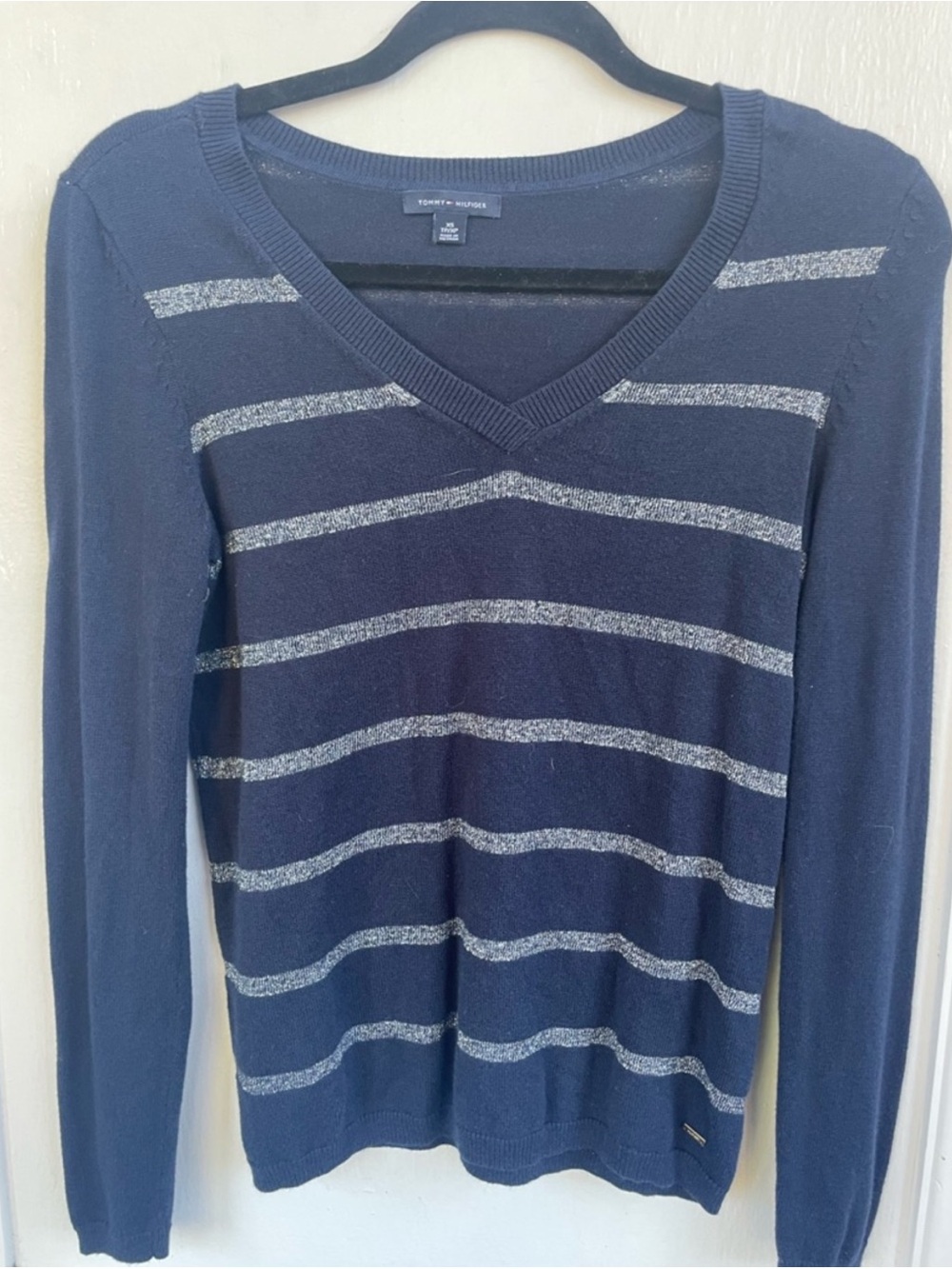 Tommy Hilfiger Navy V-Neck Sweater with Silver Stripes